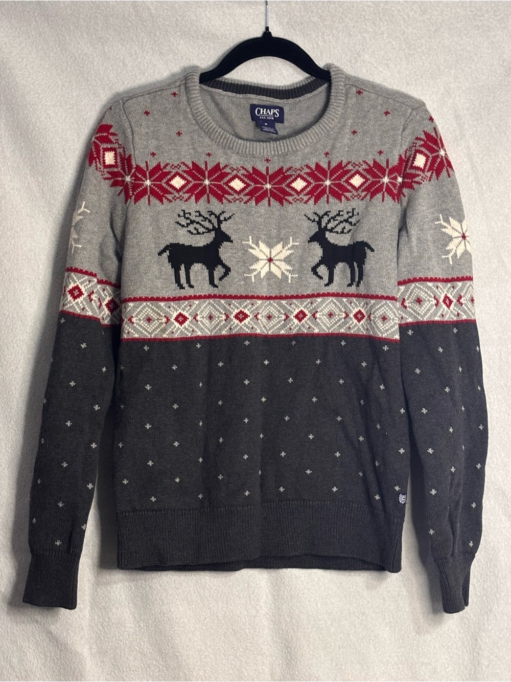 Chaps Men’s Gray, Black & Red Fair Isle Reindeer Crewneck Sweater